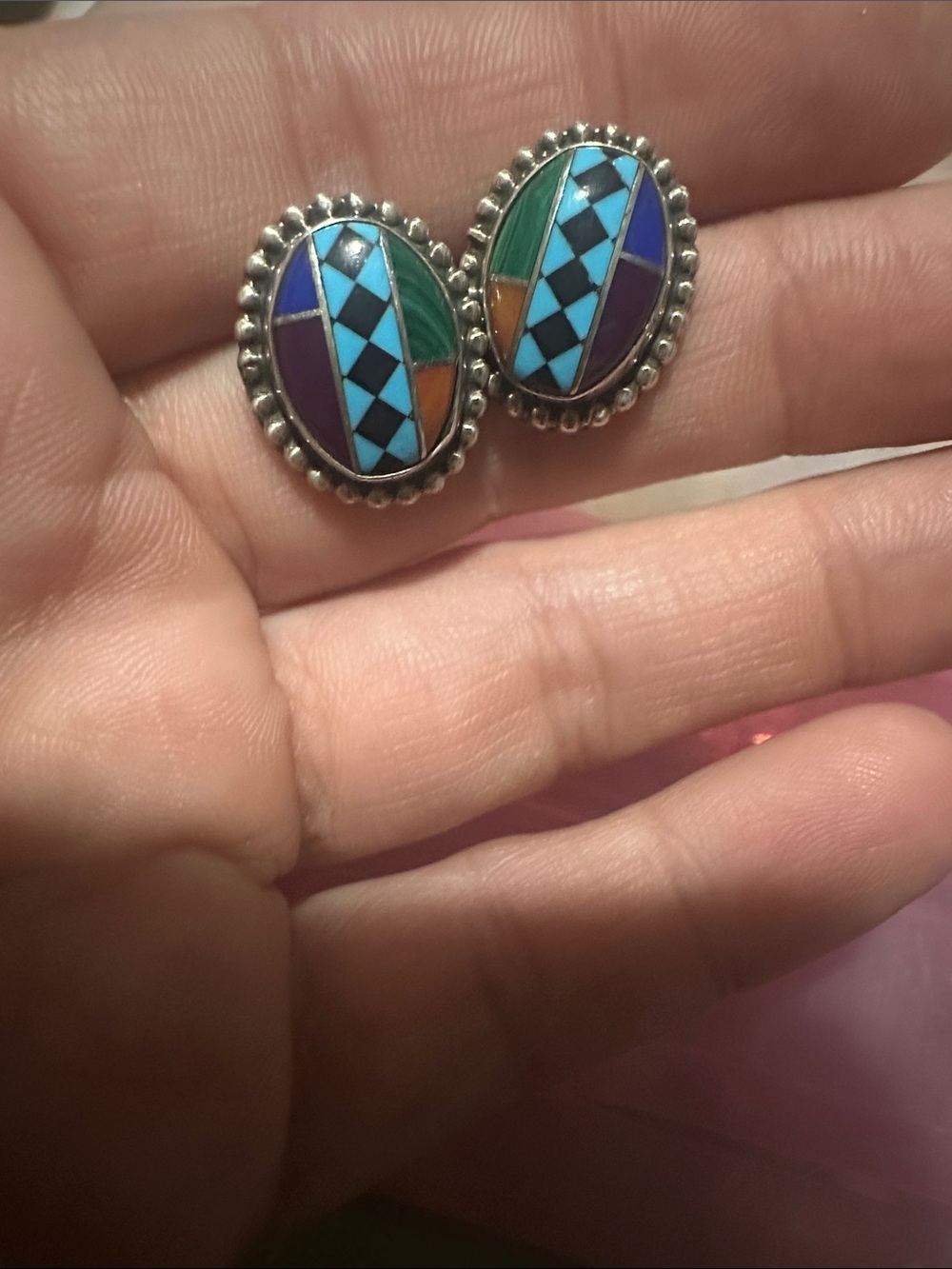 Sterling Native American Inlay Oval Stud Earrings